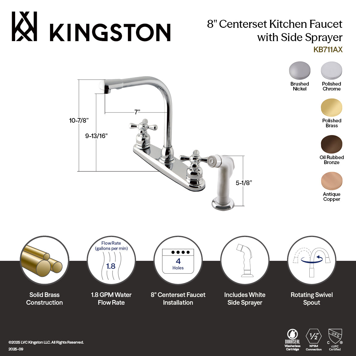 Kingston Tulare KB711AX - Victorian Two-Handle 4-Hole 8" Centerset Kitchen Faucet with Side Sprayer, Polished Chrome — thumbnail 2
